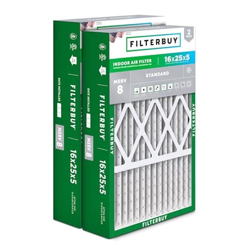 Filterbuy 16x25x5 Air Filter MERV 8 Essential Dust & Allergy Defense (2-Pack), Pleated HVAC AC Furnace Filters for Honeywell FC100A1029, Lennox X6670, and More (Actual Size: 15.75 x 24.75 x 4.38)