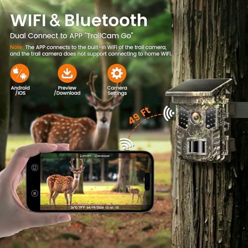 XTU Solar Trail Camera WiFi Bluetooth, 64MP 4K Game Camera with Night Vision Motion Activated 0.2s Trigger, IP66 Waterproof Wildlife Camera with 22pcs 850nm Low Glow IR LEDs (SD Card Not Included)