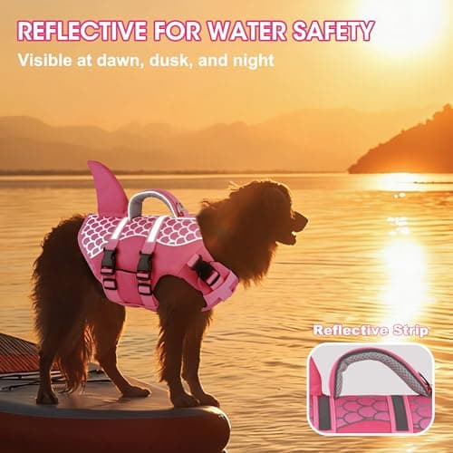 Dogcheer Dog Life Jacket Shark, Neoprene Harness Dog Life Vest with Lift Handle, Reflective Adjustable Pet Swim Float Vest for Small Medium Large Dogs - Pink Scales, M — view 6