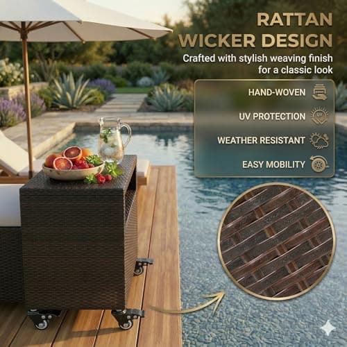 SONGBATE Outdoor Storage Cabinet with Wheels, Patio Sideboard Buffet Cabinet with Metal Slatted Countertop, 2-Door Wicker Sideboard, Outdoor Bar for Patio Garden Backyard Poolside, Mix Brown — view 5