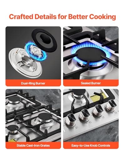 VEVOR 24 inch Gas Cooktop 4 Burners Gas Stove Top, Max 27000BTU Built-in Stainless Steel Stove Top LPG/NG Convertible Dual Fuel Cooktop Stoves with Thermocouple Protection for Kitchen Apartment Rvs — view 5