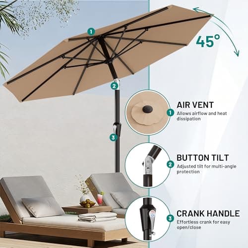 AreShark 9 FT Patio Umbrella for Outdoor, Outdoor Table Umbrella with Push Button Tilt and Crank, Outdoor Patio Umbrellas with 8 Sturdy Ribs for Market, Garden, Pool (Beige) — view 4