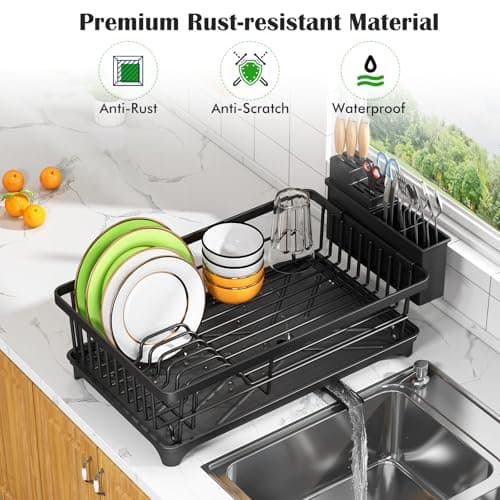Kmiectse Dish Drying Rack - Space-Saving Small Dish Rack for Kitchen Counter, Rust-Resistant Kitchen Drying Rack, Compact Dish Drainer Organizer with Utensil Holder for Home Kitchen, Black — view 3