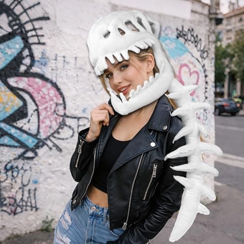 3D Dinosaur Skeleton Costume, Vivid Spine Extension & Skull Mask Wearable Outfit for Halloween Dino Cosplay (White) — view 5