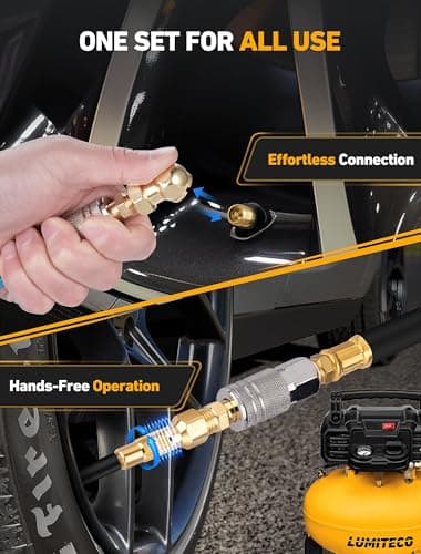 LUMITECO 2-Pack Heavy Duty Air Chuck Set,Screw On Tire Inflator Nozzle & Closed Ball Tire Chuck with 1/4" NPT Standard Quick Plug, Tire Air Chuck w/Presta Valve & Air Pump Ball Needle Set — view 3