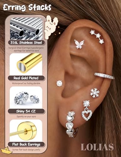 LOLIAS Hypoallergenic Flat Back Earrings for Women Girls-Surgical Stainless Steel Earrings for Sensitive Ears-Cute Flatback Stud Earring Set Small Hoops Cartilage Earring Stacks Silver CZ Age Over 4 Years Old — view 2