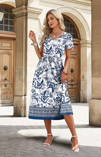 OFEEFAN Summer Dresses for Women Flowy Short Sleeve V Neck A Line Dress Spring Beach Vacation Casual Dresses Midi Maxi Dress Sundresses for Women Mandala Boho Print L — view 2