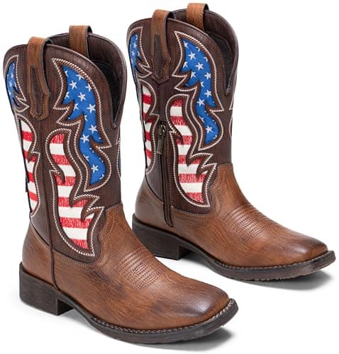 Jousen Cowboy Boots for Men Western Boot Side Zipper American Flag Retro Square Toe Mid-Calf Mens Boots(AMY8428 brown 09.5) — view 4