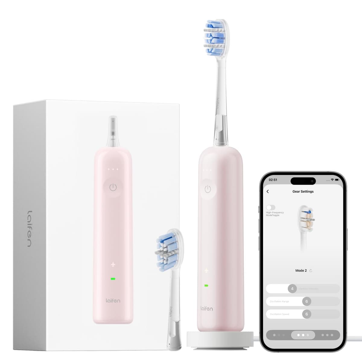 Laifen Wave Pro Cepillo de Dientes Eléctrico Sónico con Tecnología WaveMotion de 60° y 66.000 VPM, 70 Días de Autonomía, Sensor de Presión, Carga Inalámbrica, 2 Cabezales Pro Incluidos (Rosa Pastel)