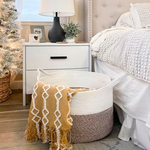 INDRESSME XXXLarge Cotton Rope Basket 21.7" x 21.7" x 13.8" Woven Laundry Basket for Blankets, Storage Basket with Handle Comforter Cushions Storage Bins Thread Laundry Hamper