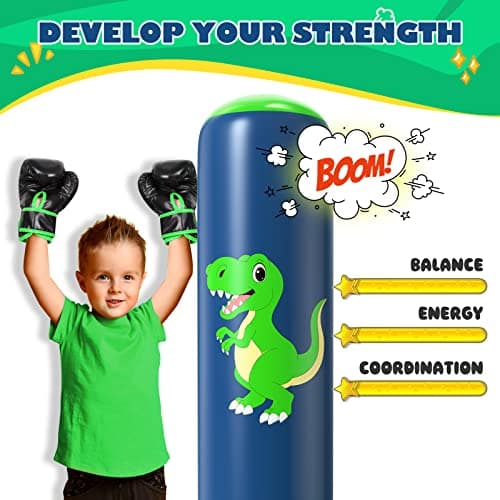 QPAU Inflatable Punching Bag, 48 Inch Stable Inflatable Boxing Bag for 3-6 Kids, Dinosaur Toy & Gifts for Boys and Girls, Kids Boxing Set for Practicing Karate, Taekwondo