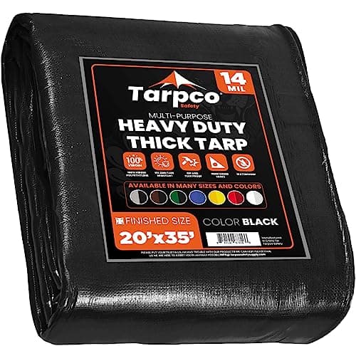 Tarpco Safety Extra Heavy Duty 14 Mil Tarp Cover, Waterproof, UV Resistant, Rip and Tear Proof, Poly Tarpaulin with Reinforced Edges for Roof, Camping, Patio, Pool, Boat (Black 20′ X 35′)