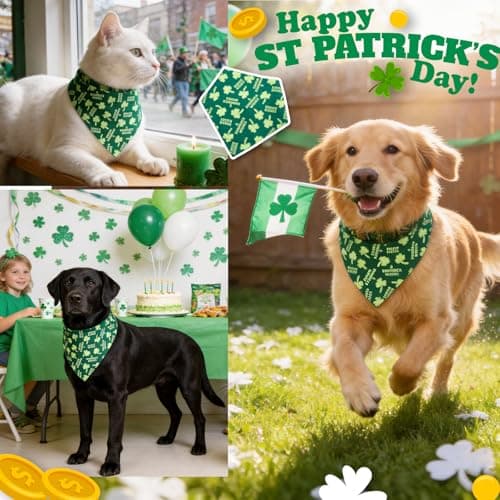 Dimidium 2-Pack St Patricks Day Dog Bandanas Set - Doggie Kisses Shamrock Wishes & Mini 3-Leaf Shamrock Print, Adjustable Snap Button Irish Holiday Scarf for Medium & Large Breeds(15-40kg) — view 2