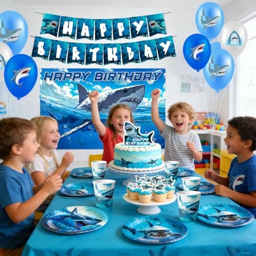 Shark Birthday Party Decorations Supplies, 10 Guests Shark Party Tableware Set Under the Sea Plates Napkins Tablecloths Balloons Banner Cake Toppers etc — view 5