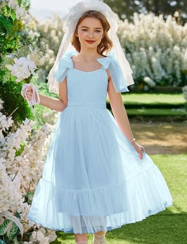 Arshiner Girls Dresses Summer Sleeveless Bow-Tie Straps Birthday Party Long Tulle Dress Light Blue Tween 9-10 Years — view 3