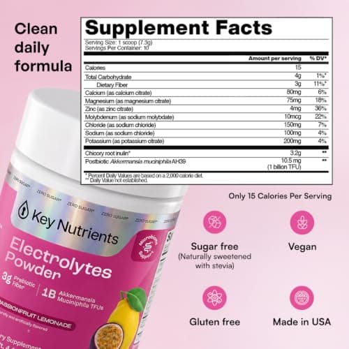 KEY NUTRIENTS Selenium Multivitamin Electrolytes Powder No Sugar - Passionfruit Lemonade Electrolyte Powder - Endurance & Energy Supplement - Hydration Powder - No Calories - 10 Servings - Made in USA — view 5