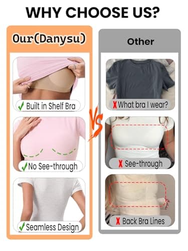 Danysu Cotton Crewneck T Shirts with Built in Bra Summer Short Sleeve Crop Tops for Women Nude Fitted Basic Tees White X-Large — view 3