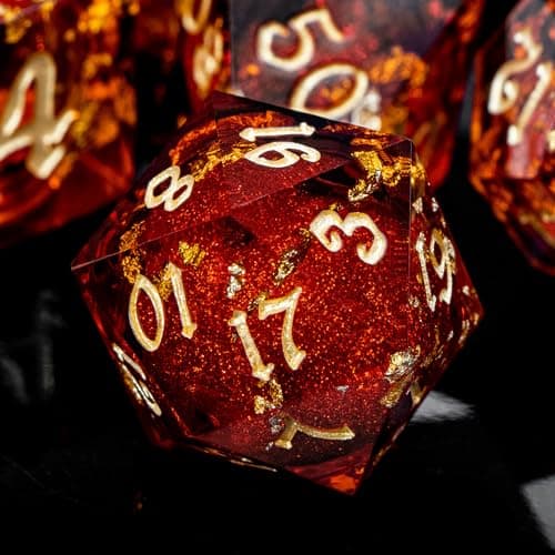 ARUOHHA Liquid Core DND Dice Set, 7pcs Resin Sharp Edged Dragons Dice Compatible with D&D Role Playing Game, Handmade RPG Golden Red Dungeons Polyhedral Dice with Gift Box, D20 D12 D10 D8 D6 — view 2