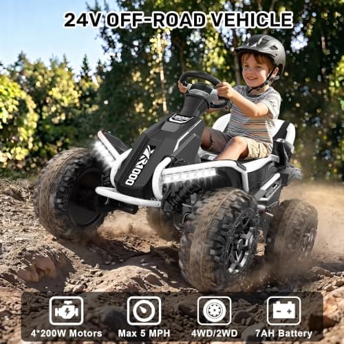 ANPABO 24V 4x4 Ride On Toy for Big Kids, 4x200W Motors, 5MPH, Kids Car w/Parent Remote, Wide Adjustable Seat, Headlights, Metal Frame, Shock Absorbers, 4 Wheeler Quad for Kids 3-12, White