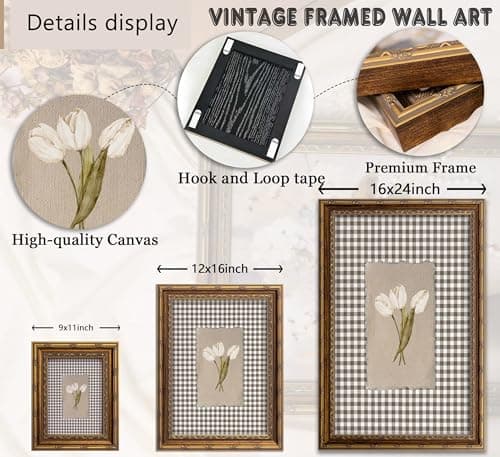 RLZIEWPT Vintage Gold Framed Wall Art, Cottagecore White Tulip Flowers Picture Wall Decor, Brown Gingham Botanical Print Artwork, for Living Room Bedroom 9x11 in — view 3