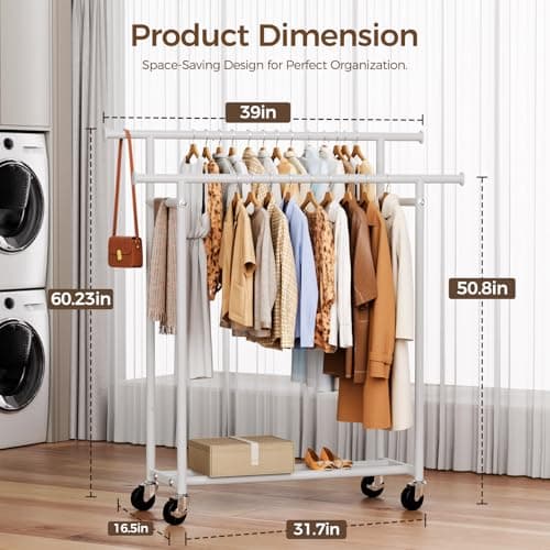 HYSEYY Clothes Rack, Double Rods Rolling Clothing Rack for Hanging Clothes, Portable Garment Rack with Wheels, Coat Rack Wardrobe Closet Load 240 LBS for Bedroom Laundry Room (White, L) — view 2
