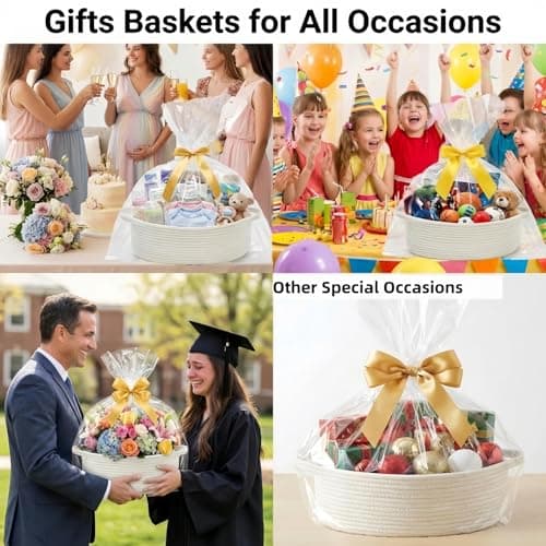 Optish Woven Basket, Gift Empty Basket with Bags and Ribbons, 13.5"x11"x5" Burr Rope Basket for Baby Shower, Durable Storage Basket with Handles for Nursery, Shelves, Toys, White — view 2