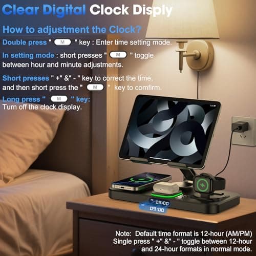 6 in 1 Wireless Charger for Apple Multiple Devices, Charging Station with Clock &7 Color Ambient Light, Foldable Rotate Stand for iPad, for iPhone17/16/15, Support for Apple Watch11/10 For AirPods4 — view 3