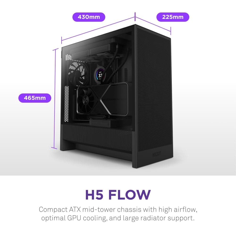NZXT H5 Flow - Compact ATX Mid-Tower PC Gaming Case - High Airflow - 2 x 120mm Fans Included - 360mm Front & 240mm Top Radiator Support - Cable Management System - Tempered Glass - Black — view 2