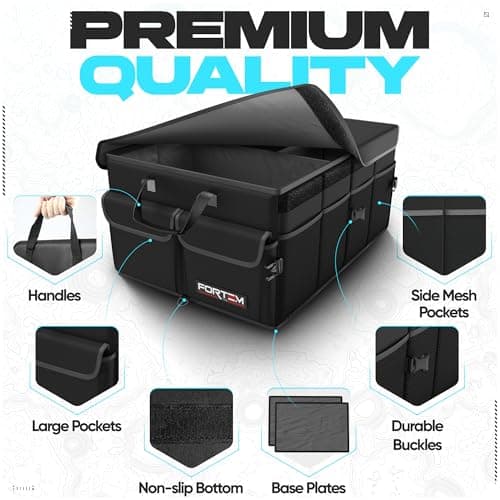 FORTEM Car Trunk Organizer, Collapsible Multi Compartment SUV Organizer, Foldable Storage for Car Accessories for Women Men, 600D Oxford, Non Slip Bottom, Securing Straps, Soft Cover (65L)