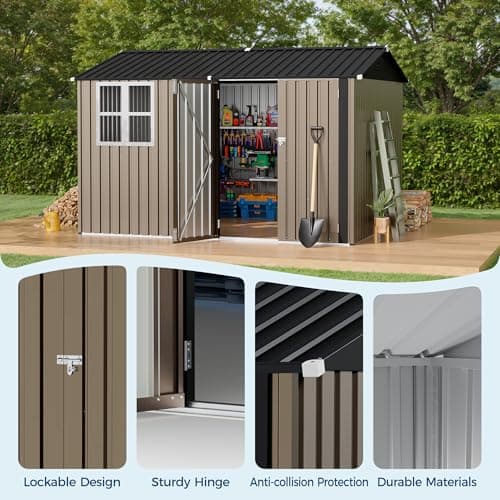 10X8 FT Storage Shed with Cross Windows & Double Doors, 450 Cu Ft Large Outdoor Tool Shed, Garden Shed for Riding Mower, Bike, Lawn Equipment - All Weather Meta — view 2