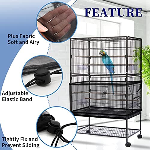 Large Bird Cage Cover, Daoeny Bird Cage Seed Catcher, Adjustable Soft Airy Nylon Mesh Net, Birdcage Cover Skirt Seed Guard for Parrot Parakeet Macaw African Round Square Cages (Black) — view 3