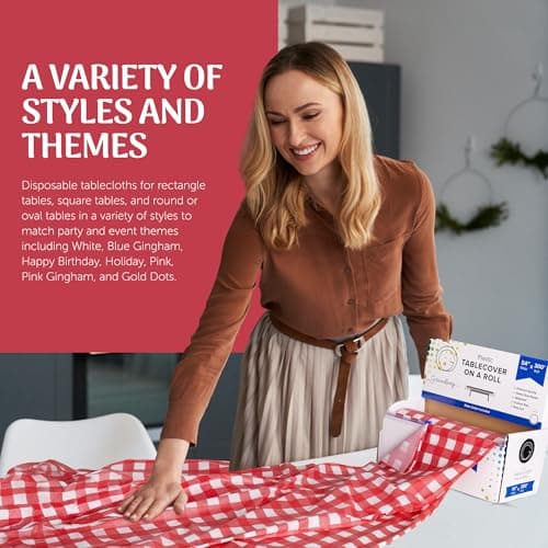 Grandipity Plastic Tablecloth Roll - 54in x 300 Ft. Red Gingham Checkered Plastic Table Cloths for Parties | Disposable with Cutter Box - Cut to Size Disposable Tablecloth for Rectangle & Round — view 2