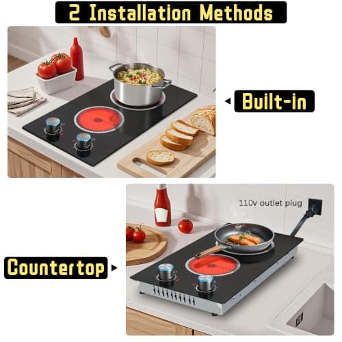 2 Burner Electric Cooktop, 12 Inch Electric Stove Top, 120V Stove Top Burner Knob Control, 2000W Countertop Stove with Timer, 9 Heating Levels, Overheat Protection, High-Temp Alarm Pladeca — view 3