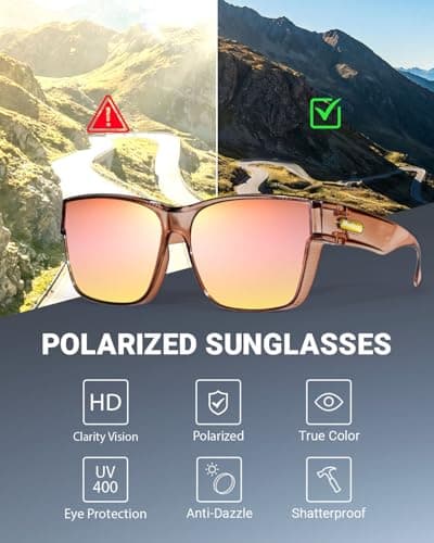 Meeloog Polarized Sunglasses Over Glasses for Men Women, Classic Rectangle Fitover Shades UV400 for Driving Fishing MST0091, P1 Champagne Frame/Pink Mirrored Lens, Standard — view 5