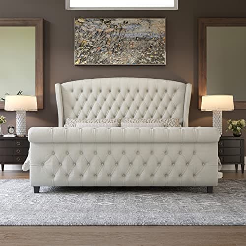 AMERLIFE King Size Platform Bed Frame, Chenille Upholstered Sleigh Bed with Scroll Wingback Headboard & Footboard/Button Tufted/No Box Spring Required/Cream — view 2