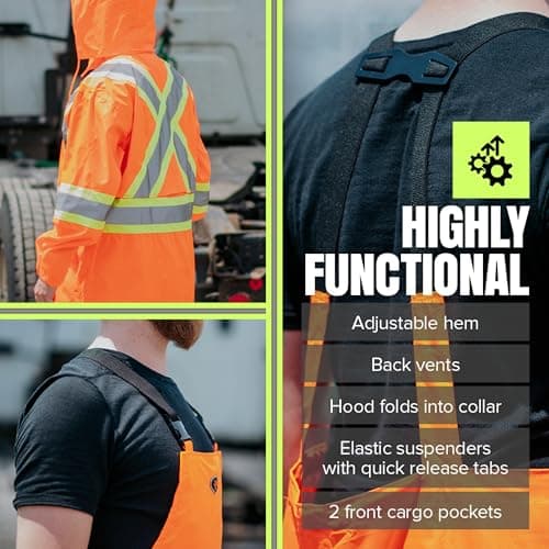 Pioneer Hi Vis Waterproof Heavy Duty Rainsuit - Hooded Rain Jacket and Bib Pants - 210D Oxford Poly/PVC - Orange — view 4