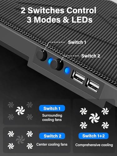 Kootek Laptop Cooling Pad, Laptop Cooler with 5 Quiet Fans for 12"-17" Computer PC Notebook Gaming Laptop Fan, Height Adjustable Laptop Cooling Stand Laptop Accessories, Blue — view 3