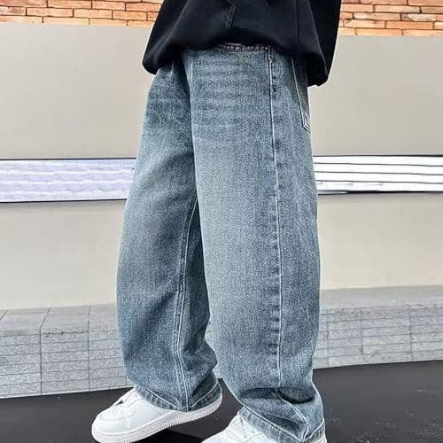 Baggy Jeans Boys Y2K Straight Wide Leg Denim Pants Kids Casual Elastic Waist Loose Trousers Pocket Streetwear Vintage Clothes (CA/US, Age, 15 Years, 16 Years, Blue) — view 6