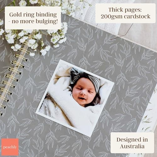Peachly Unisex Memory Book | Minimalist First Year Keepsake for Milestones | Books First Year Memory Book | Simple Scrapbook for Boy Girl Milestones | Natural Linen - Olive — view 3