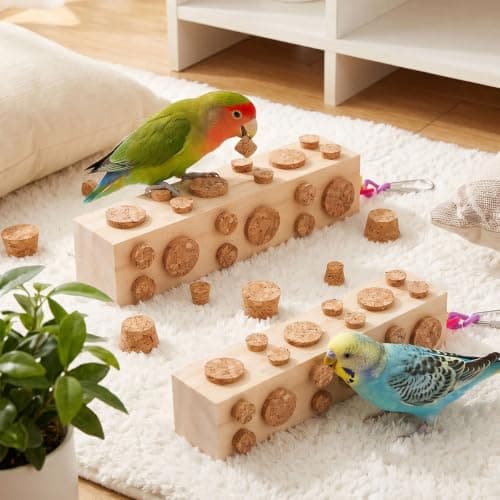Bird Foraging Toy Parakeet Toys for Budgie, Conure, Cockatiel, Lovebird, and Small to Medium Parrots, 2 Pack Hanging Parrot Toy with 92 Detachable Corks, Natural Wood — view 5