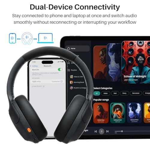 TOZO HT3 Hybrid Noise Cancelling Headphones, 90H Battery Life Wireless Over Ear Bluetooth 6.0 Foldable Headset, AI Voice Assistant with 5 Mics, Connect 2 Devices & Hi-Res Sound, 32 Audio EQ, with Case — view 6