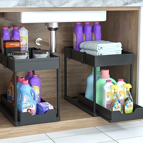 2-PACK Under Sink Organizers and Storage with Sliding Drawer, 2-Tier Bathroom Under Sink Shelf Rack,Multi-Functional Cabinet Storage Space Saver For Kitchen/Bathroom/Bedroom/Office.