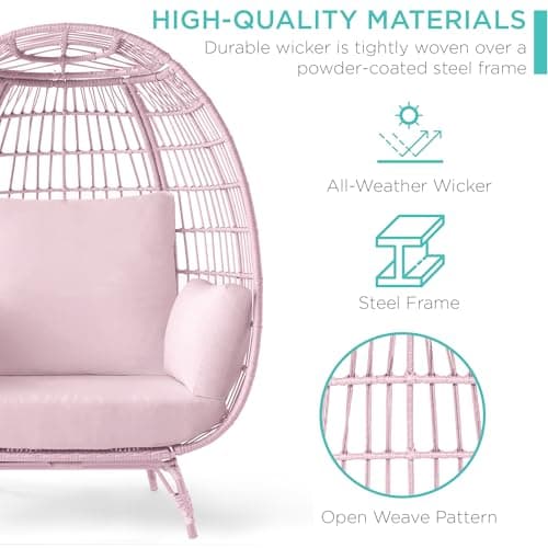 Best Choice Products Wicker Egg Chair, Oversized Indoor Outdoor Lounger for Patio, Backyard, Living Room w/ 4 Cushions, Steel Frame, 440lb Capacity - Pink/Pink — view 5