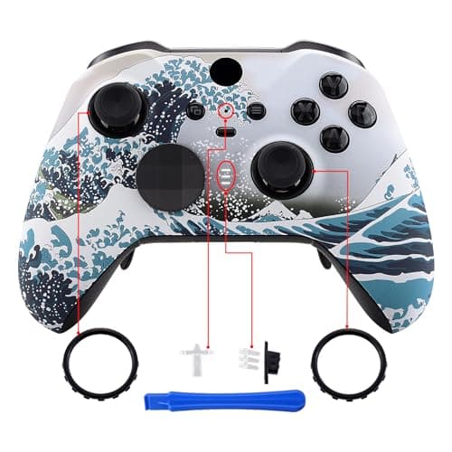 eXtremeRate The Great Wave Patterned Faceplate Cover, Soft Touch Front Housing Shell Case Replacement Kit for Xbox One Elite Series 2 Controller Model 1797 - Thumbstick Accent Rings Included — view 3