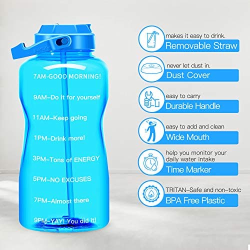 QuiFit Half Gallon Water Bottle - with Straw & Time Marker BPA Free 64 oz Large Motivational Water Jug Leak-Proof Durable for Fitness Outdoor Enthusiasts(Light Blue,64 oz)