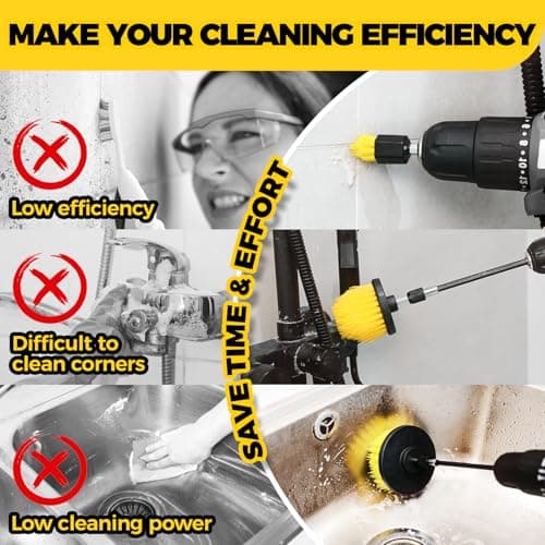 Holikme 6Pack Drill Brush Power Scrubber Cleaning Brush Extended Long Attachment Set All Purpose Drill Scrub Brushes Kit for Grout, Floor, Tub, Bathroom and Kitchen Surface,Scratch Brushes（Yellow） — view 4