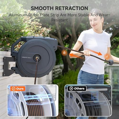 Giraffe Tools Heavy-Duty Wall-Mounted Hose Reel, 5/8" x 90 ft Retractable Hose with Automatic Rewind, 180° Swivel, Any-Length Lock & 9-Pattern Nozzle (Dark Grey) — view 2