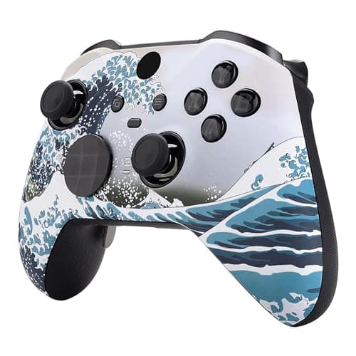 eXtremeRate The Great Wave Patterned Faceplate Cover, Soft Touch Front Housing Shell Case Replacement Kit for Xbox One Elite Series 2 Controller Model 1797 - Thumbstick Accent Rings Included — view 4