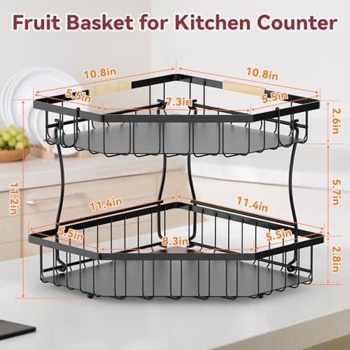 2 Tier Fruit Basket for Kitchen Counter - Detachable Metal Fruit Bowl with 2 Banana Hangers for Corner , Large Capacity Fruit Stand with Wooden Handle for Bread Fruit and Vegetable Storage- Black — view 7
