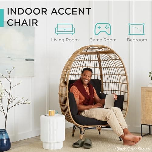 Best Choice Products Wicker Egg Chair, Oversized Indoor Outdoor Lounger for Patio, Backyard, Living Room w/ 4 Cushions, Steel Frame, 440lb Capacity - Pink/Pink — view 4